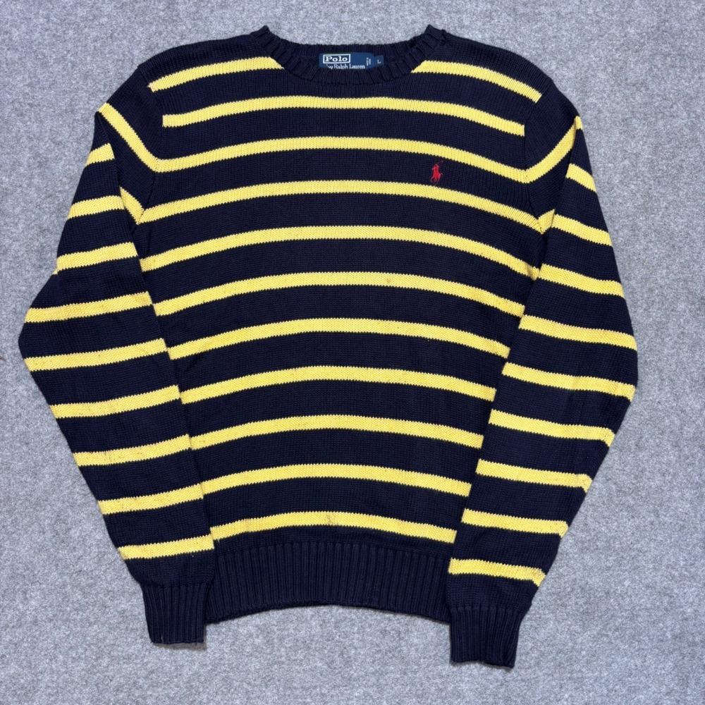 Polo Ralph Lauren Mens Large Striped Crewneck Sweater Navy Blue Yellow Red Pony